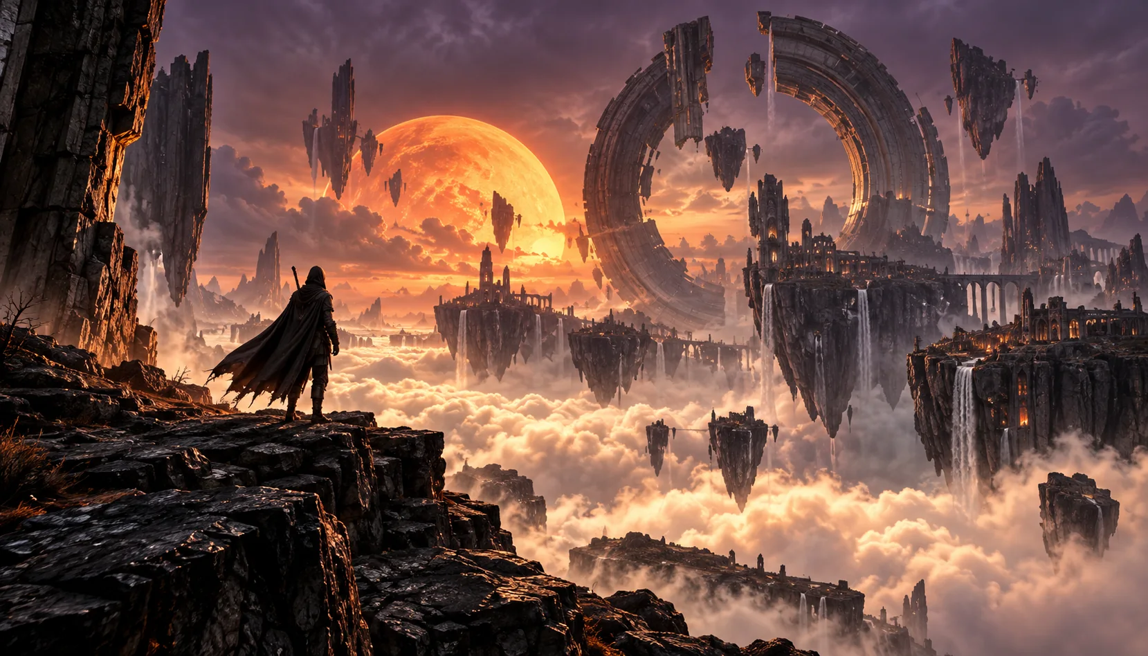 Concept art of a lone explorer overlooking floating rock islands and a vast orange sun in a misty sci-fi sky.