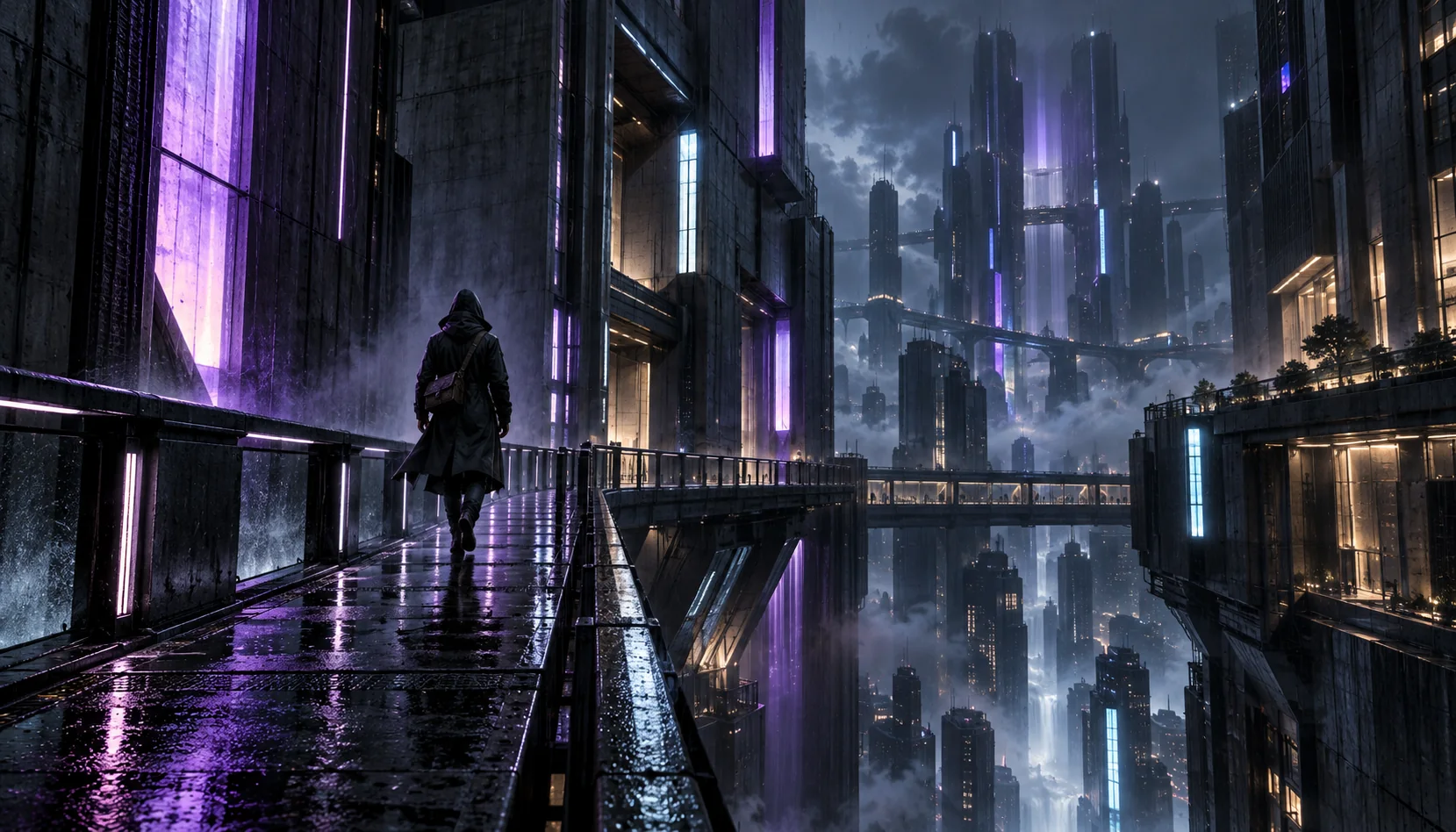 Concept art of a lone courier on a rain-soaked rooftop above a dense neon-violet city with surveillance lights and elevated transit.
