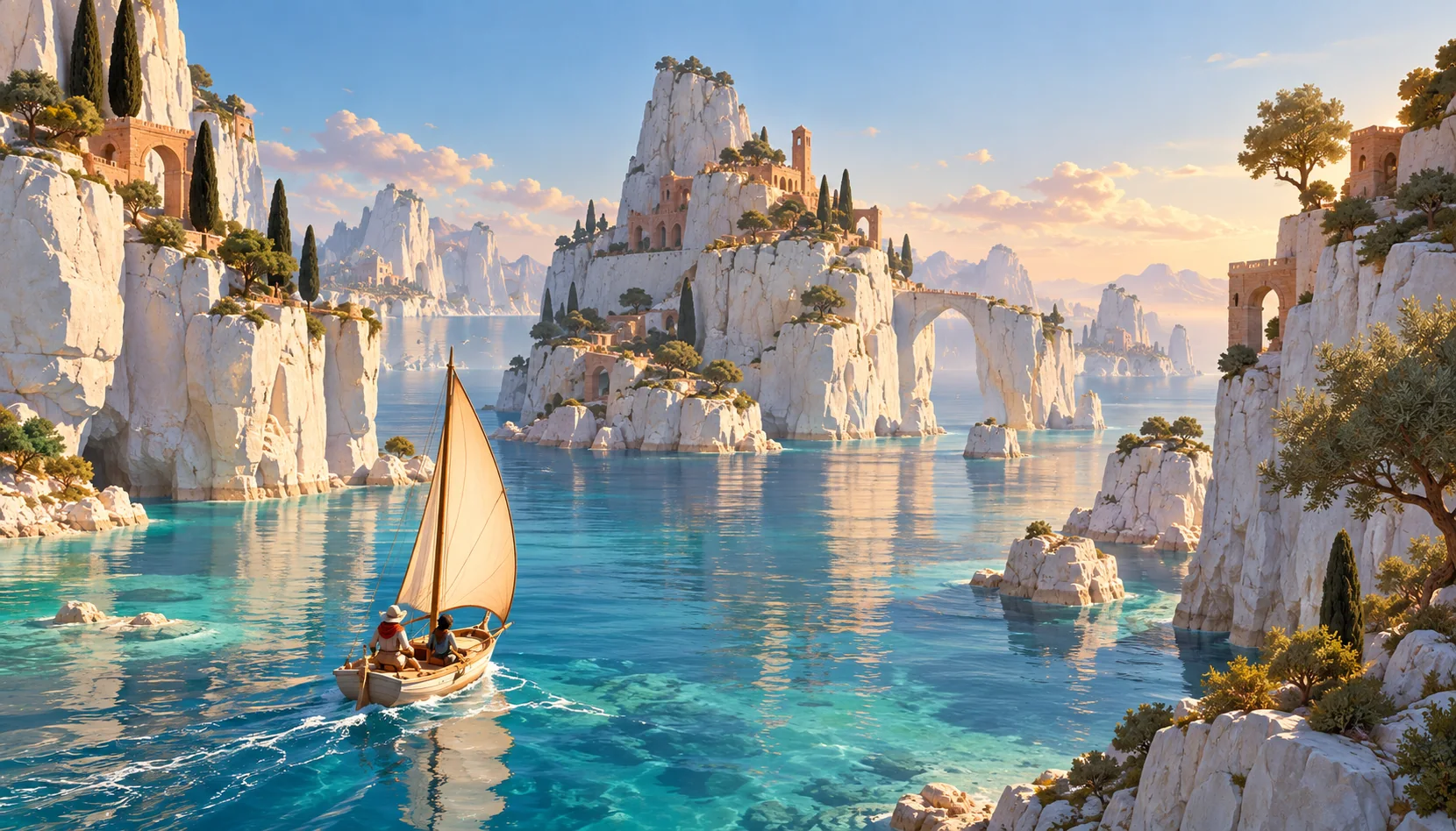 Concept art of a colorful small sailing boat crossing turquoise water toward a sunlit island archipelago with sculptural cliffs and a bright sky.